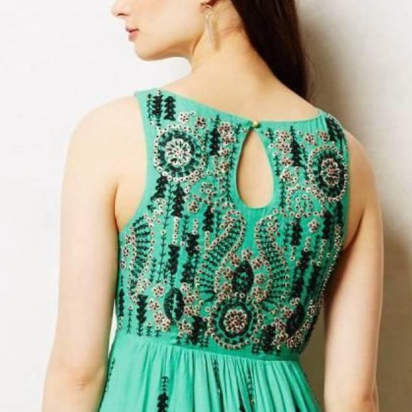 Anthropologie Floreat Ijada Green Embroidered Sequin Stitch Hi-Low Ruffle Dress - Picture 2 of 9